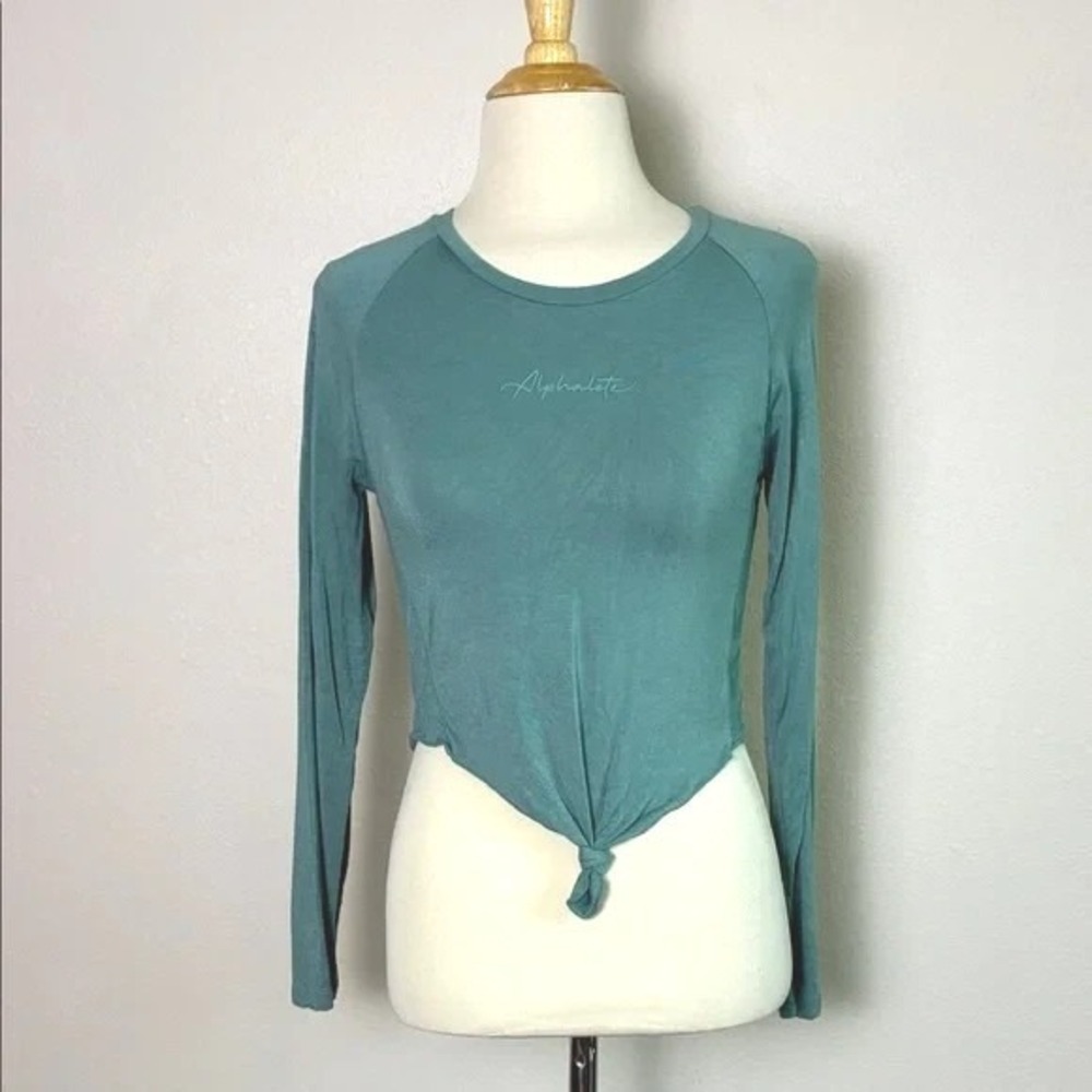 ALPHALETE Women Small Sage Green Long‎ Sleeve Tie Front Cotton Knit Top Athletic